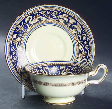 Florentine Blue (No Center Design, Gold Trim) Footed Cup & Saucer Set