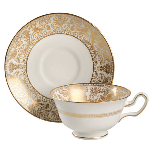Florentine Gold (Gold Dragons, White) Peony Shape Footed Cup & Saucer Set