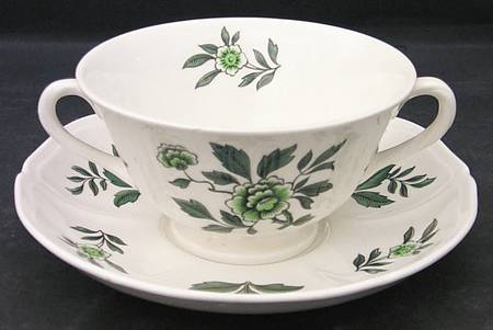 Green Leaf (Queen's Shape) Footed Cream Soup Bowl & Saucer Set by Wedgwood