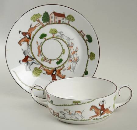 Hunting Scene Flat Cream Soup Bowl & Saucer Set