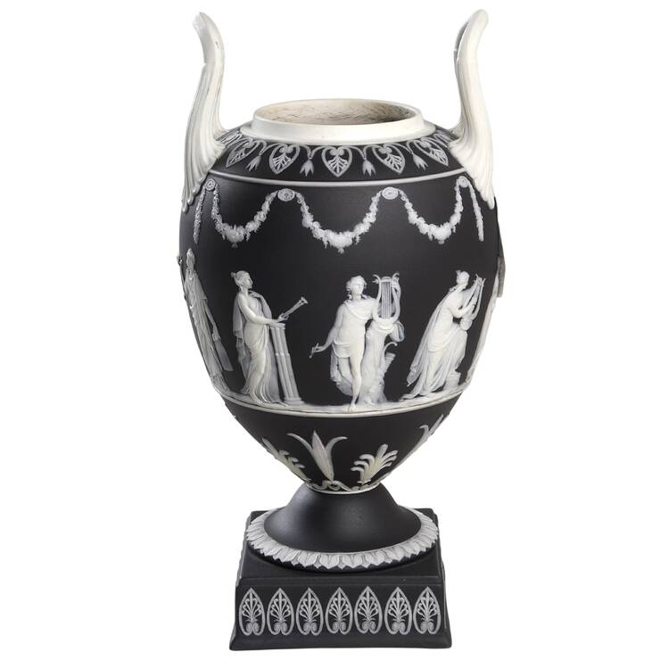 Cream Color on Black Jasperware 11" Vase/Urn No Lid