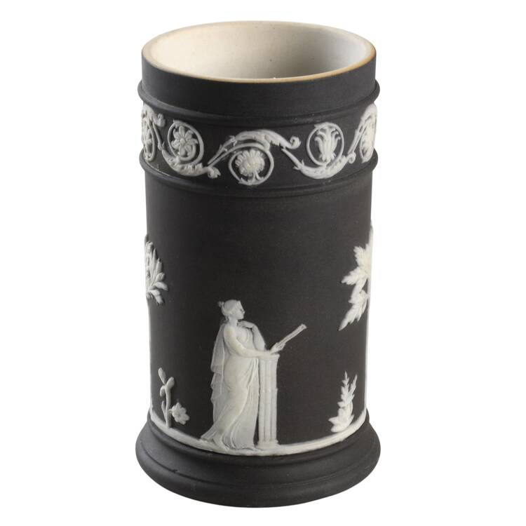 Cream Color on Black Jasperware 4" Spill Vase