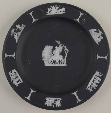 Cream Color on Black Jasperware 6" Round Tray