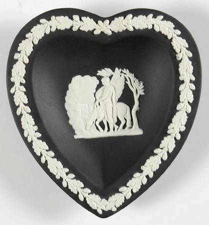 Cream Color on Black Jasperware Small Heart Shape Ashtray