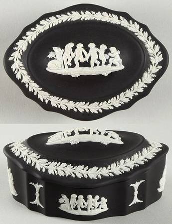 Cream Color on Black Jasperware Silver/Candy Box & Lid