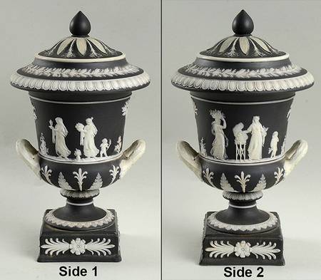 Cream Color on Black Jasperware Vase/Urn & Lid
