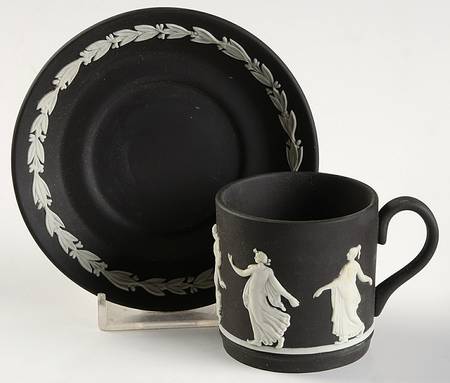 Cream Color on Black Jasperware Flat Demitasse Cup & Saucer Set