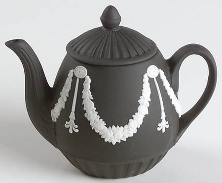 Cream Color on Black Jasperware Individual Teapot & Lid