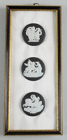 Cream Color on Black Jasperware Triple Plaque w/Wood Frame