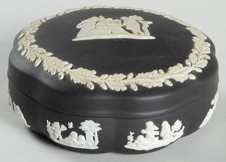 Cream Color on Black Jasperware Scalloped Box & Lid