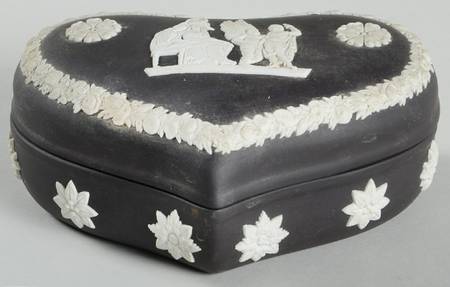 Cream Color on Black Jasperware Heart Shape Box & Lid