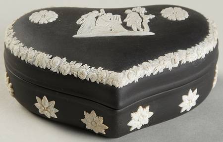 Cream Color on Black Jasperware Heart Shape Box & Lid