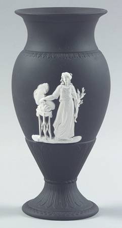 Cream Color on Black Jasperware 7" Sacrifice Vase