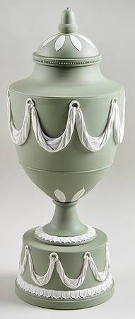 Cream Color on Celadon Jasperware 14" Vase/Urn & Lid