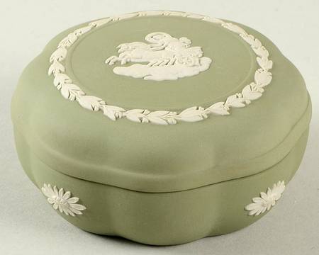 Cream Color on Celadon Jasperware Small Scalloped Candy Box