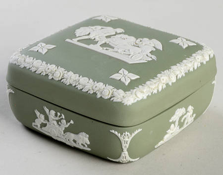 Cream Color on Celadon Jasperware Square Box with Lid