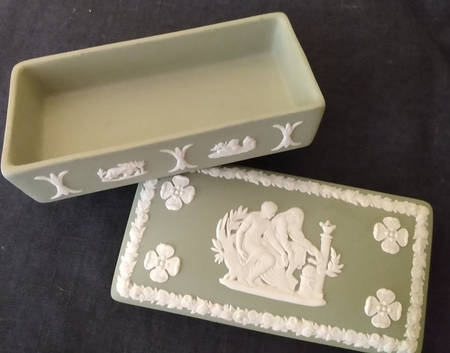 Cream Color on Celadon Jasperware 3" Rectangular Box & Lid