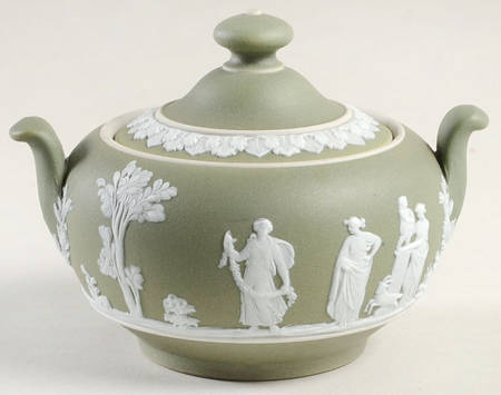 Cream Color on Celadon Jasperware Mini Sugar Bowl & Lid