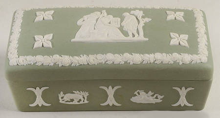 Cream Color on Celadon Jasperware 3" Rectangular Box & Lid