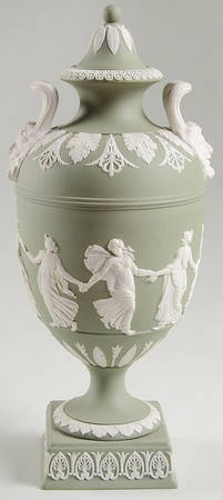 Cream Color on Celadon Jasperware 10" Urn with Lid