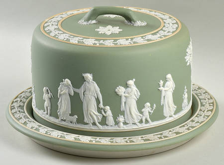Cream Color on Celadon Jasperware Round Cheese Dish & Lid