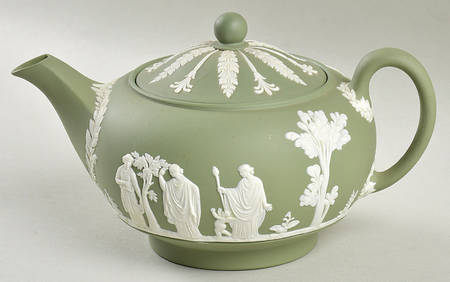 Cream Color on Celadon Jasperware Mini Teapot & Lid