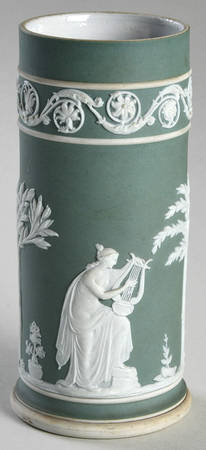 Cream Color on Teal Jasperware 5" Spill Vase