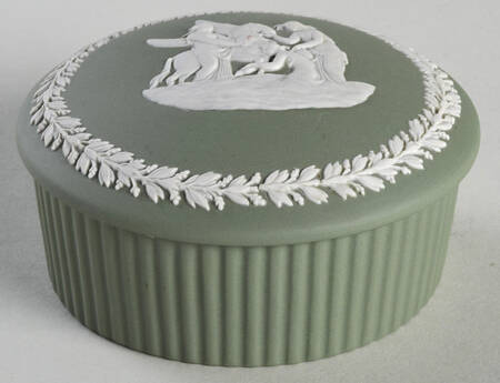 Cream Color on Celadon Jasperware 2" Round Fluted Box & Lid