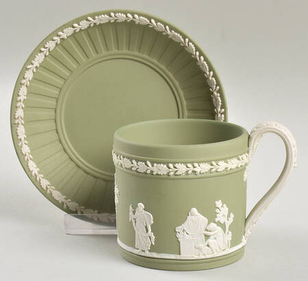 Cream Color on Celadon Jasperware Brewster Flat Cup & Saucer Set