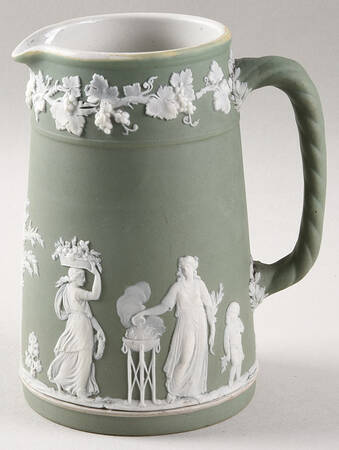 Cream Color on Celadon Jasperware Large Trojan Jug