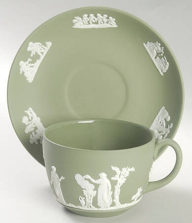 Cream Color on Celadon Jasperware Flat Cup & Saucer Set