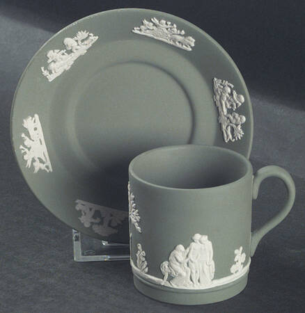 Cream Color on Celadon Jasperware Flat Demitasse Cup & Saucer Set