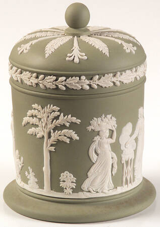 Cream Color on Celadon Jasperware Cigarette Jar & Lid