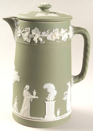 Cream Color on Celadon Jasperware Chocolate Pot & Lid