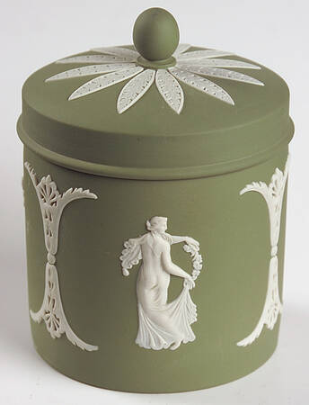 Cream Color on Celadon Jasperware Candy Jar & Lid