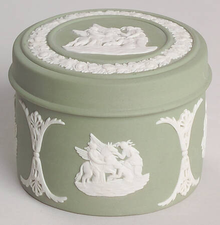 Cream Color on Celadon Jasperware 2" Round Box & Lid