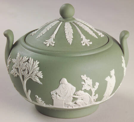 Cream Color on Celadon Jasperware Sugar Bowl & Lid