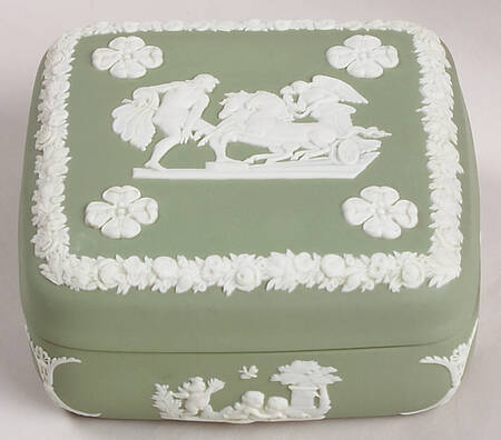 Cream Color on Celadon Jasperware Square Box with Lid