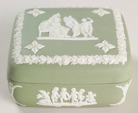 Cream Color on Celadon Jasperware Square Box with Lid