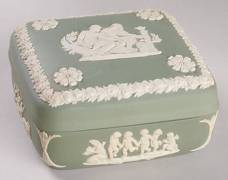 Cream Color on Celadon Jasperware Square Box with Lid