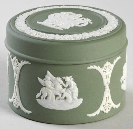 Cream Color on Celadon Jasperware 2" Round Box & Lid