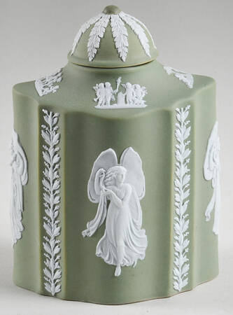 Cream Color on Celadon Jasperware Tea Caddy & Lid