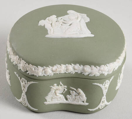 Cream Color on Celadon Jasperware Bean Box & Lid
