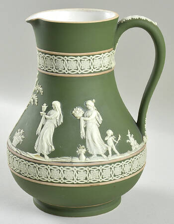 Cream Color on Celadon Jasperware 8" Etruscan Jug