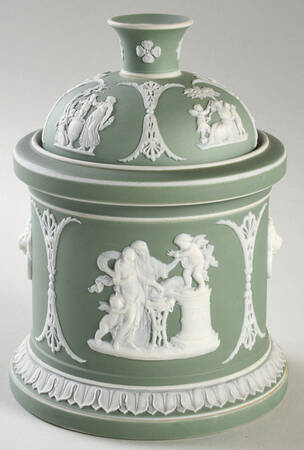 Cream Color on Celadon Jasperware Tobacco Jar & Lid