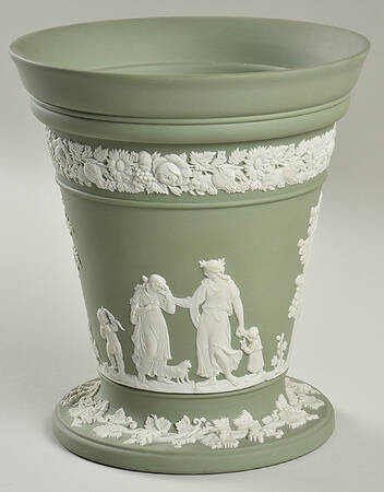 Cream Color on Celadon Jasperware 6" Vase No Grid/Frog
