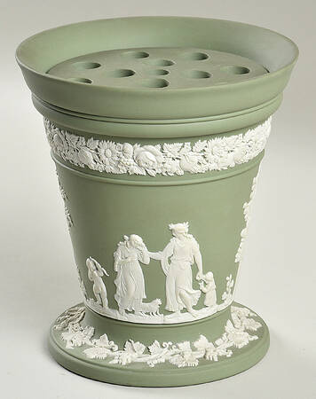 Cream Color on Celadon Jasperware 6" Vase & Grid/Frog