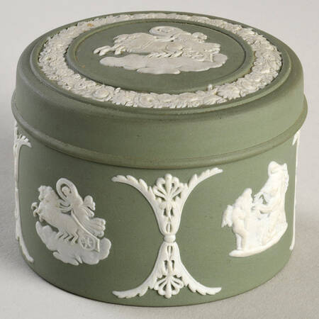 Cream Color on Celadon Jasperware 2" Round Box & Lid
