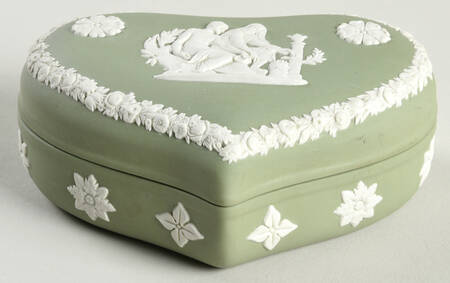 Cream Color on Celadon Jasperware Heart Shape Box & Lid
