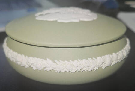 Cream Color on Celadon Jasperware Oval Apollo Box & Lid
